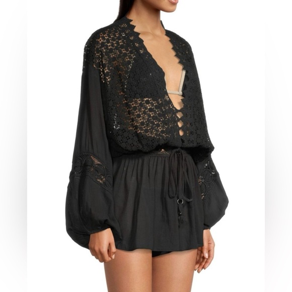 {NWT Ramy Brook Hilary Balloon Sleeve Embroidered Romper in Black Size Medium} - Picture 2 of 14